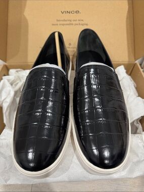 Vince Black Croc-Embossed Slip-On Loafers with White Soles